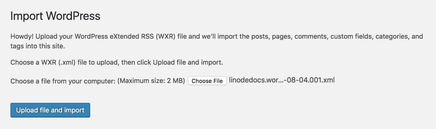 Import file dialog box. WordPress Importer Plugin - Page 1