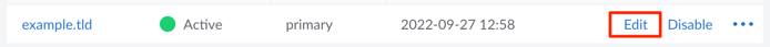 Screenshot of a domain entry with the Edit button highlighted